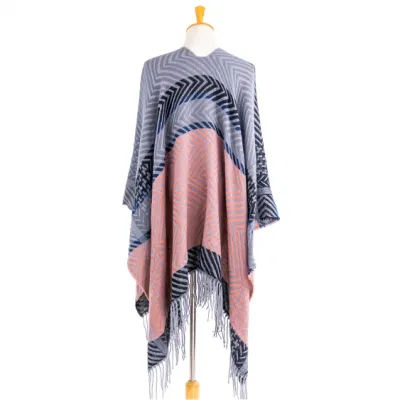 Apparel Women&prime;s Poncho Open Front Winter Pink Knitted Reversible Oversized Elegant Fringe Geometric Striped Lined Bohemian Tartan Blanket Zigzag Cloak Poncho