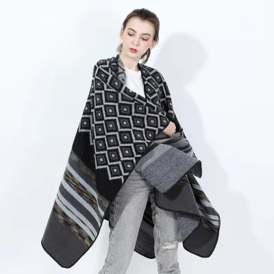 Stylish Thicken Wrap Blanket Winter Geometric Irregular Patterns Striped Split Women Shawl
