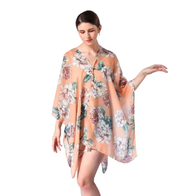 Stylish Floral Print Chiffon Poncho with Buttons for Ladies