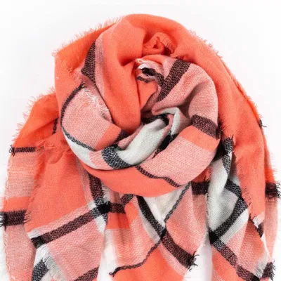 Wholesaler Outerwear Apparel Accessory Women Spring Winter Orange Short Fringe Checks Grid Tartan Warm Pashmina Windowpane Beach Headwear Blanket Scarf Shawl