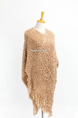 Spring Autumn Woman Lady Warm Fashion Warp Knitting Fabric Beige Camel Colour Pullover Oversize Wraps Ruffled Shawl Poncho