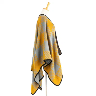 Outerwear Woman Mustard Warm Apparel Oversize Double Sides Grey Block Front Open Lattice Tartan Grids Dots Square Art Casual Shawl Sweaters Cape Pallium Poncho