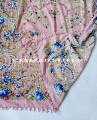 China Manufacturer Winter Tassel 100*100cm Shoulder Shawl Muffler Vintage Woman Square Print Floral Viscose Russian Scarf