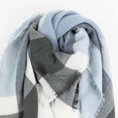Wholesaler Outerwear Apparel Accessory Unisex Spring Winter Blue Acrylic Fringe Checks Grid Tartan Pashmina Windowpane Headwear Oversize Blanket Scarf Shawl
