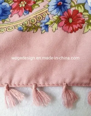 China Manufacturer Winter Tassel 100*100cm Shoulder Shawl Muffler Vintage Woman Square Print Floral Viscose Russian Scarf