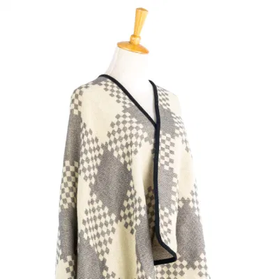 Lady Fashion Outfit Fall Winter Woven Plus Batwing Classic Color Block Binding Cozy Wrap Contrast Scottish Plaid Checks Thick Cape Shawl Stola Coat Cloak Poncho
