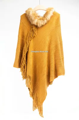 Spring Autumn Inter Woman Lady Warm Fashion Warp Knitting Mustard Acrylic Fake Fur Collar Pullover Oversize Fringe Wraps Ruffled Shawl Turtleneck Poncho
