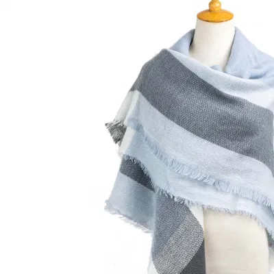 Wholesaler Outerwear Apparel Accessory Unisex Spring Winter Blue Acrylic Fringe Checks Grid Tartan Pashmina Windowpane Headwear Oversize Blanket Scarf Shawl