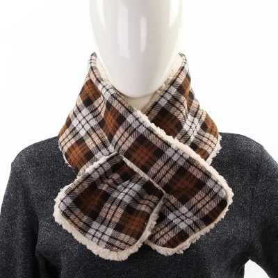 High Quality Custom Design Female Faux Fur Collar Fashion Plaid Knitted Winter Warm Cross Neck Warmer Scarves for Women