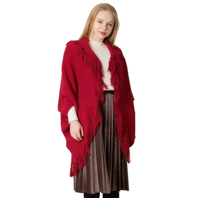 Custom Warm Knitted Thick Red Pure Poncho Shawl for Ladies