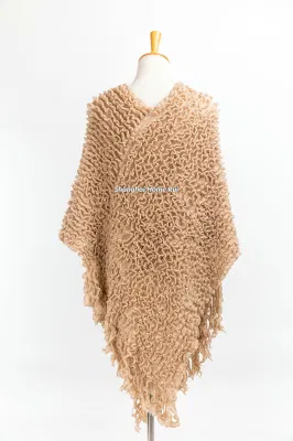 Spring Autumn Woman Lady Warm Fashion Warp Knitting Fabric Beige Camel Colour Pullover Oversize Wraps Ruffled Shawl Poncho