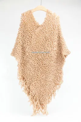 Spring Autumn Woman Lady Warm Fashion Warp Knitting Fabric Beige Camel Colour Pullover Oversize Wraps Ruffled Shawl Poncho
