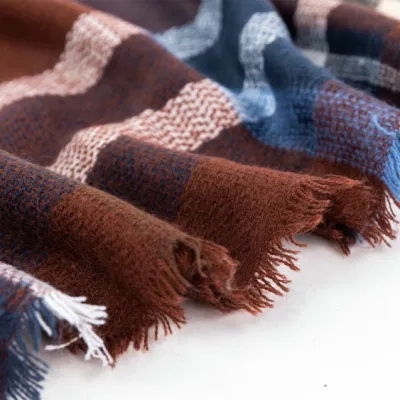 Wholesaler Outerwear Apparel Accessory Unisex Spring Winter Wine Acrylic Fringe Checks Grid Tartan Pashmina Windowpane Headwear Oversize Blanket Scarf Shawl