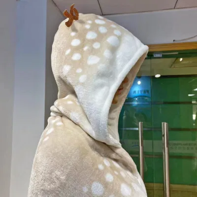 Women Bathrobe Special Printd Fleece Popular Blanket Hoodie Poncho Oversized with Deer Horn
