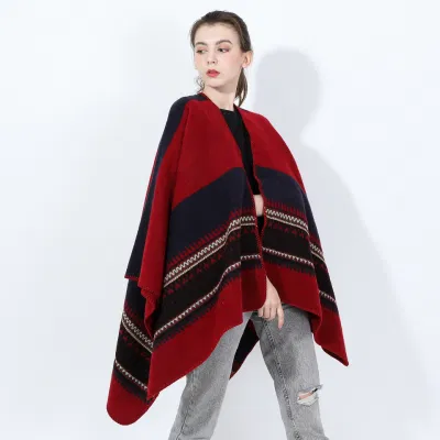 Fashion Warm Wrap Shawl Winter Striped Scarf Poncho Wave Women Cape
