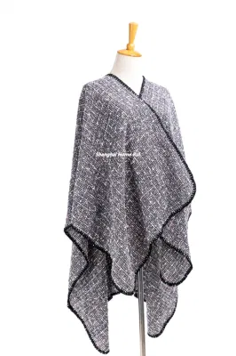 Outfit Fall Winter Female Lady Fashion Black Plus Batwing Sleeve Tassel Cozy Fluffy Chunky Color Dots Sweater Boat V-Neck Oversize Shawl Blanket Poncho Pallium