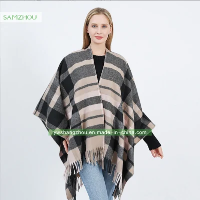 Western Plaid Cape Fashion Scarf Lady Cashmere Slit Shawl Winter