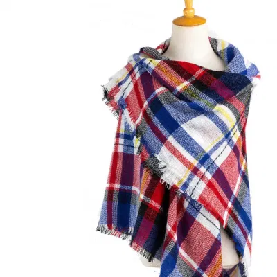Wholesaler Outerwear Apparel Accessory Women Spring Winter Blue Short Fringe Checks Grid Tartan Warm Pashmina Windowpane Beach Headwear Blanket Scarf Shawl