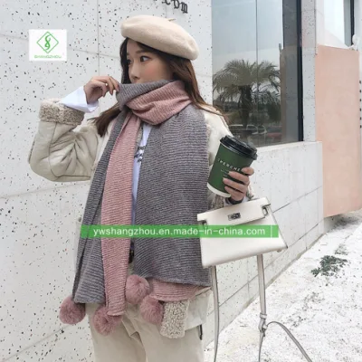 Contrast-Color Cashmere Scarf with Wool Ball Warm Fashion Soft Lady Shawl