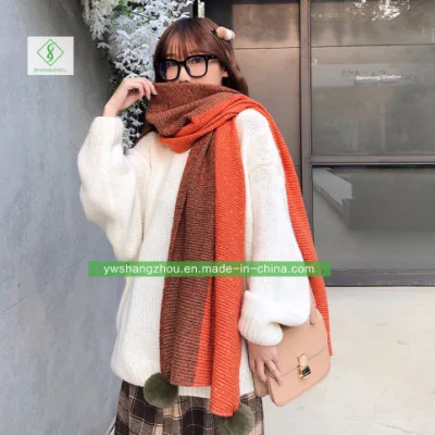  Contrast-Color Cashmere Scarf with Wool Ball Warm Fashion Soft Lady Shawl