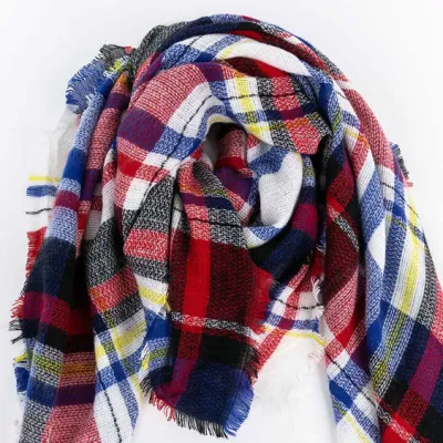 Wholesaler Outerwear Apparel Accessory Women Spring Winter Blue Short Fringe Checks Grid Tartan Warm Pashmina Windowpane Beach Headwear Blanket Scarf Shawl