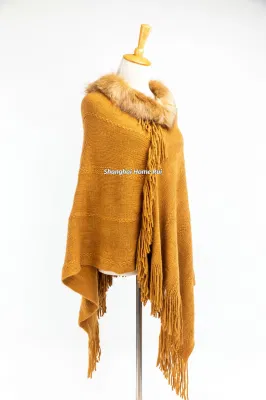  Spring Autumn Inter Woman Lady Warm Fashion Warp Knitting Mustard Acrylic Fake Fur Collar Pullover Oversize Fringe Wraps Ruffled Shawl Turtleneck Poncho