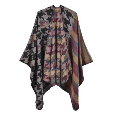 Oversized Fashion Winter Classic Woven Ponchos Knit Shawl with Belt for Women