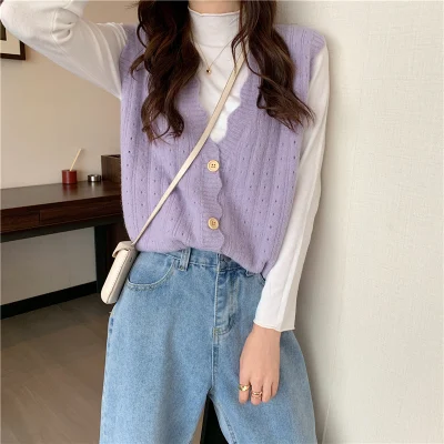 Hollow Knitted Vest Cardigan Women&prime;s Autumn and Winter New V-Neck Vest Sweater Shawl