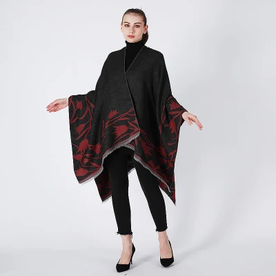 Premium Flower Pattern Wrap Poncho Open Front Women&prime;s Shawl Cape