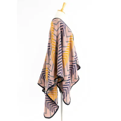  Apparel Women Open Front Winter Knitted Reversible Printed Oversized Geometric Pink Striped Lined Sweater Bohemian Cardigan Tartan Zigzag Cloak Cape Poncho
