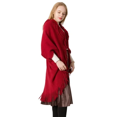 Custom Warm Knitted Thick Red Pure Poncho Shawl for Ladies