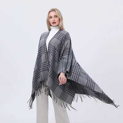 Plaid Jacquard Simple Wrap Checked Shawl Thick Poncho Fringe Tassels Women Cape