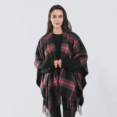 New European and American Plaid Autumn and Winter Outerwear Cape Shawl Imitation Cashmere Tassel Scarf for Women