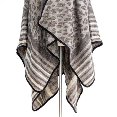 Apparel Women Grey Winter Knitted Reversible Front Open Oversized Elegant Leopard Cheetah Dots Striped Sweater Cardigan Lined Blanket Cape Pallium Poncho
