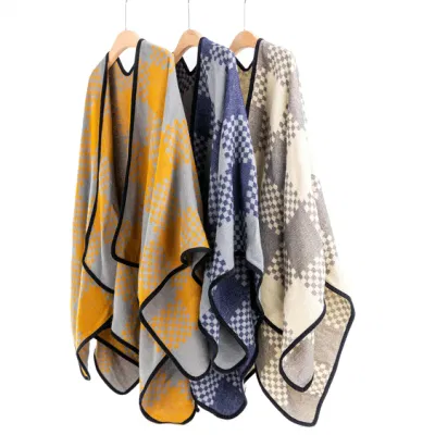Lady Fashion Outfit Fall Winter Navy Reversible Woven Batwing Classic Block Binding Cozy Wraps Scottish Plaid Checks Thick Cape Shawl Stola Coat Cloak Poncho
