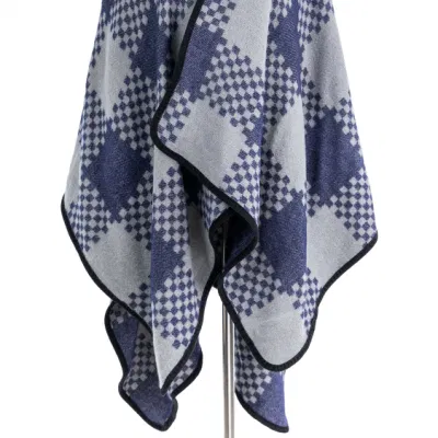 Lady Fashion Outfit Fall Winter Navy Reversible Woven Batwing Classic Block Binding Cozy Wraps Scottish Plaid Checks Thick Cape Shawl Stola Coat Cloak Poncho