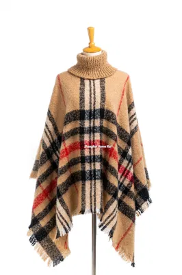 Home Rui Outerwear Spring Autumn Woman Warmth Camel Apparel Accessory Boucle Fringe Oversize Pullover Lattice Tartan Grids Turtleneck Shawl Cloak Cape