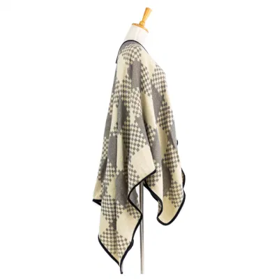 Lady Fashion Outfit Fall Winter Woven Plus Batwing Classic Color Block Binding Cozy Wrap Contrast Scottish Plaid Checks Thick Cape Shawl Stola Coat Cloak Poncho