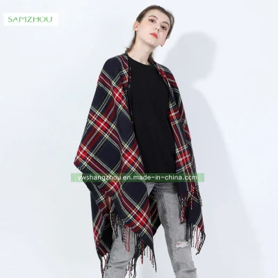 Western Slit Plaid Cape Fashion Scarf Lady Cashmere Shawl Winter