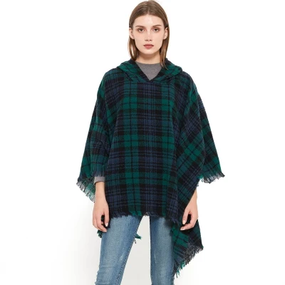 Hot Sale Grid Ladies Hooded Poncho Shawl Cape