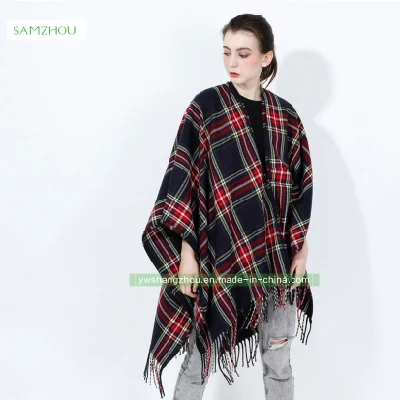 Western Slit Plaid Cape Fashion Scarf Lady Cashmere Shawl Winter
