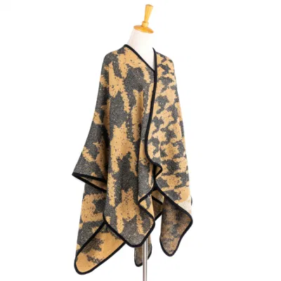 Outerwear Spring Autumn Woman Apparel Oversize Double Sides Grey Block Pullover Soft Front Open Lattice Tartan Grids Character Art Casual Shawl Sweater Poncho