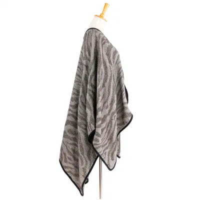 Outerwear Spring Autumn Woman Warmth Apparel Accessory Oversize Double Sides Navy Unique Jacquard Knitted Zebra Lined Soft Front Open Art Casual Cape Poncho