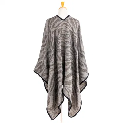 Outerwear Spring Autumn Woman Warmth Apparel Accessory Oversize Double Sides Navy Unique Jacquard Knitted Zebra Lined Soft Front Open Art Casual Cape Poncho