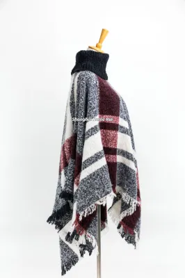 Spring Autumn Woman Lady Warm Fashion Woven Polyester Boucle Yarn Brushed Black Mixed Colour Fringe Pullover Wraps Grids Plaid Checks Shawl Turtleneck Poncho
