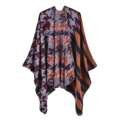 Oversized Fashion Winter Classic Woven Ponchos Knit Shawl with Belt for Women