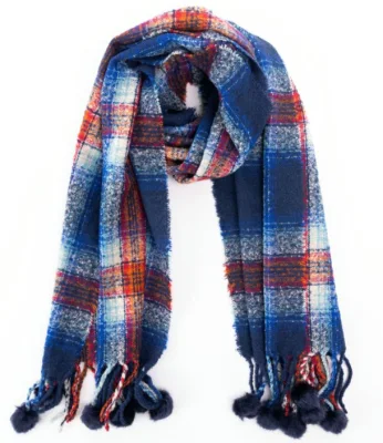 Quality Fashion Attractive Blue Checked Soft Tassel Decoration Woven Scarf