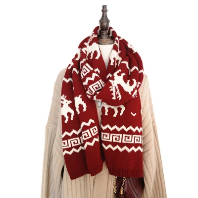 Snowflake Unisex Christmas Reindeer Cotton Fall Winter Warm Knit Long Scarf