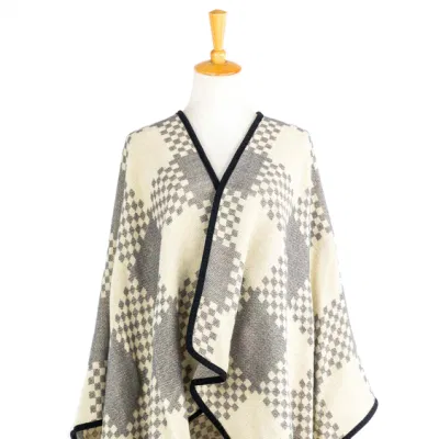 Lady Fashion Outfit Fall Winter Woven Plus Batwing Classic Color Block Binding Cozy Wrap Contrast Scottish Plaid Checks Thick Cape Shawl Stola Coat Cloak Poncho