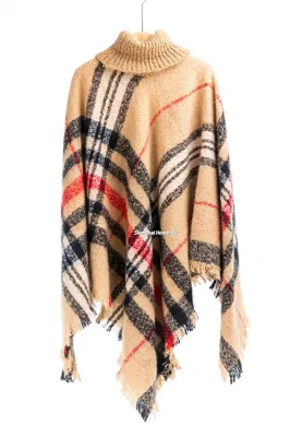 Home Rui Outerwear Spring Autumn Woman Warmth Camel Apparel Accessory Boucle Fringe Oversize Pullover Lattice Tartan Grids Turtleneck Shawl Cloak Cape
